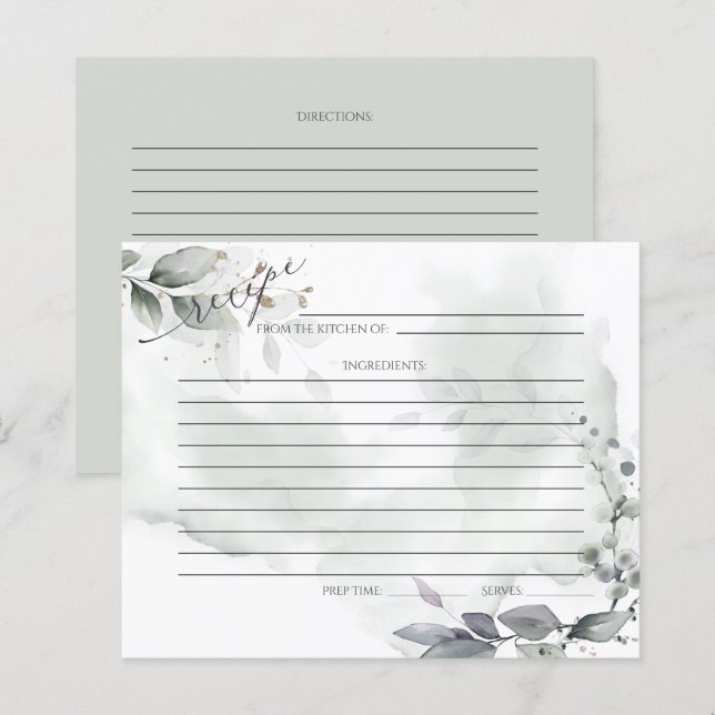 RECIPE CARD | Rustic Watercolor Dusty Greenery  (Front/Back)