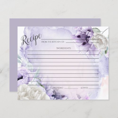 RECIPE CARD  Rustic Watercolor Lilac Poppies