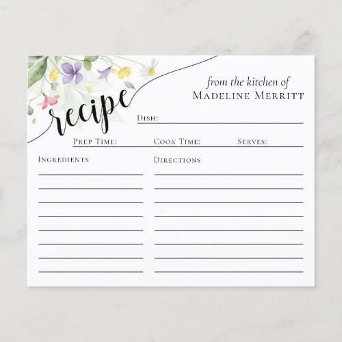 Recipe Card Simple Elegant Watercolor Wildflowers Flyer