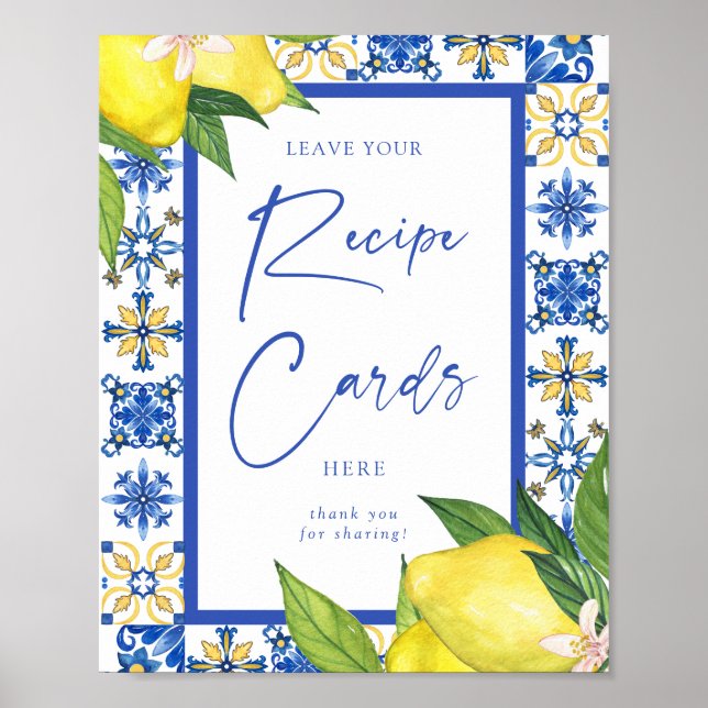 Recipe cards Blue Tiles Lemons Bridal Shower Sign (Front)