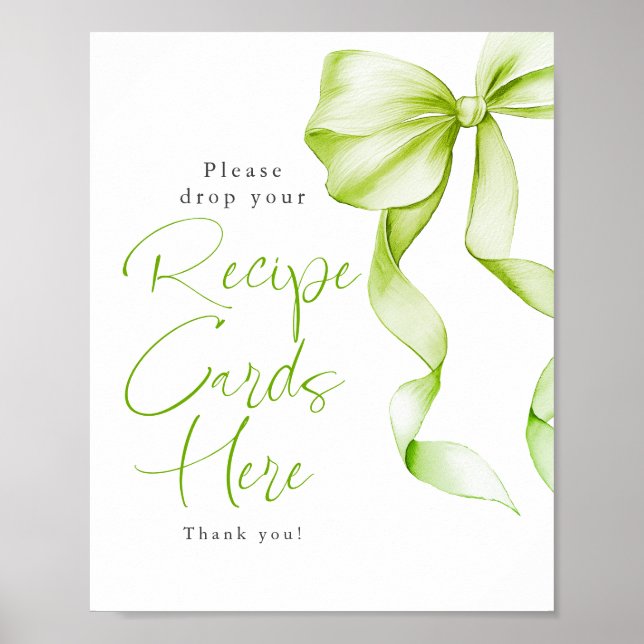 Recipe Cards Sage Green Bow Bridal Shower Sign (Front)
