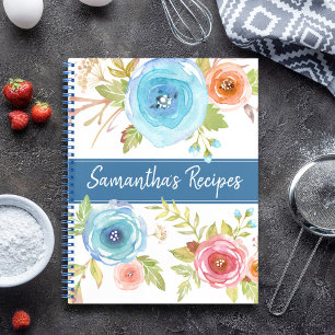Recipe cookbook, blue red orange floral watercolor notebook