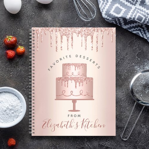 Recipe Cookbook Cake Bakery Rose Gold Glitter Drip Notebook