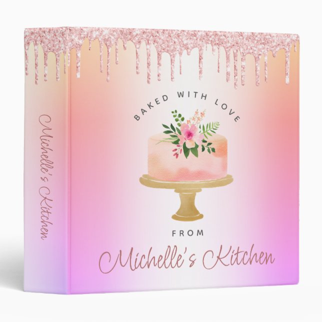Recipe Cookbook Cake Pink Glitter Rainbow Ombre 3 Ring Binder (Front/Spine)