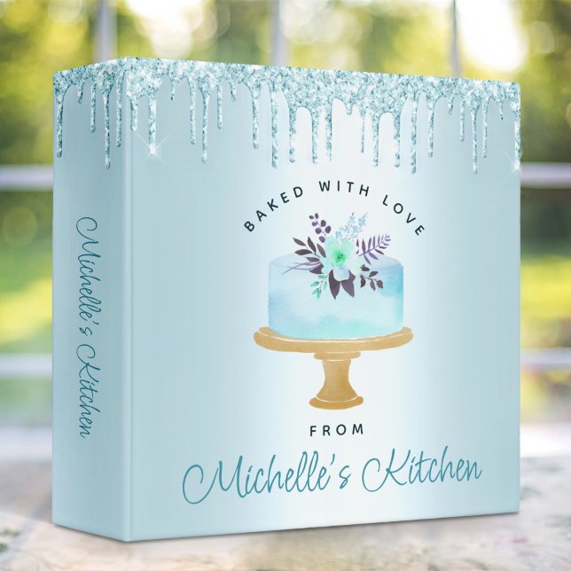 Recipe Cookbook Cake Turquoise Glitter Drip Baking 3 Ring Binder (Creator Uploaded)