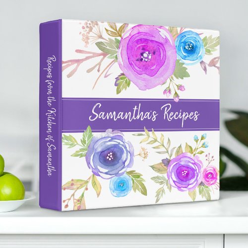 Recipe cookbook chic purple blue floral watercolor 3 ring binder