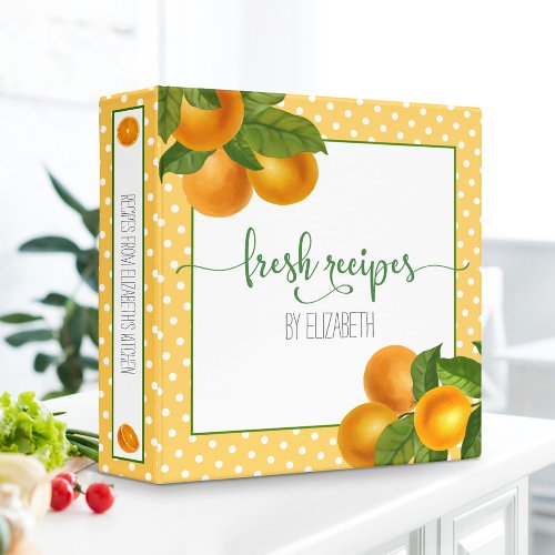 Recipe cookbook citrus oranges watercolor dots 3 ring binder