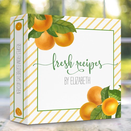 Recipe cookbook citrus oranges watercolor stripes  3 ring binder
