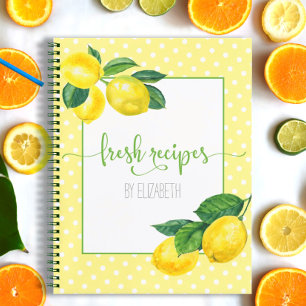 Recipe cookbook country lemon watercolor polka dot notebook