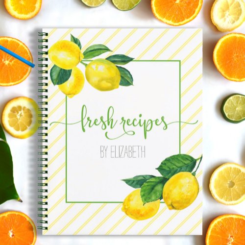 Recipe cookbook country lemon watercolor stripes notebook