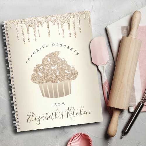 Recipe Cookbook Cupcake Bakery Gold Glitter Drips Notebook