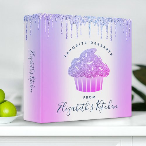 Recipe Cookbook Cupcake Bakery Purple Glitter Drip 3 Ring Binder