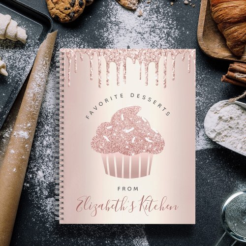 Recipe Cookbook Cupcake Bakery Rose Gold Glitter Notebook
