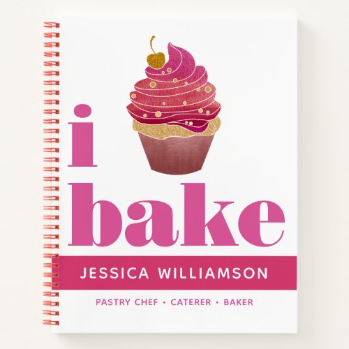 Recipe Cookbook Cupcake Pink Red Gold Bake Modern Notebook