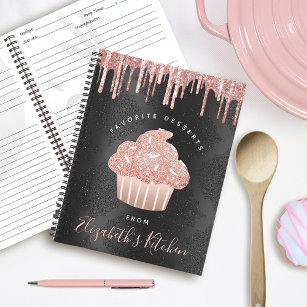 Recipe Cookbook Cupcake Rose Gold Glitter on Black Notebook