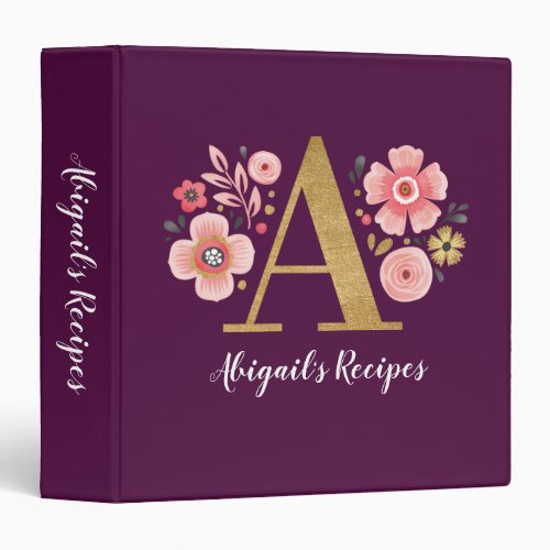 Recipe Cookbook Elegant Monogram Name Floral 3 Ring Binder