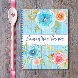 Recipe cookbook floral rustic watercolor blue wood notebook