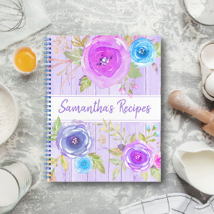 Recipe cookbook floral rustic watercolor plum wood notebook