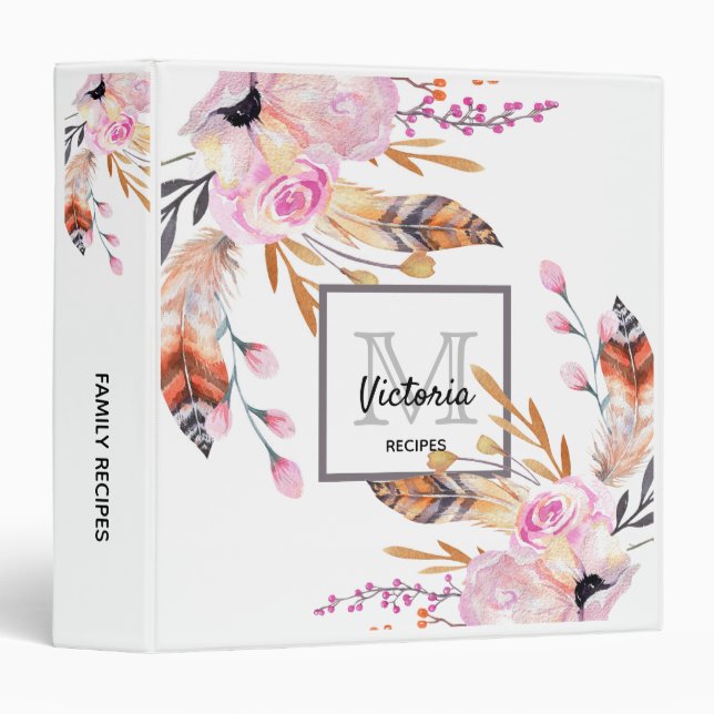 Recipe cookbook florals feather white pink name 3 ring binder (Front/Spine)