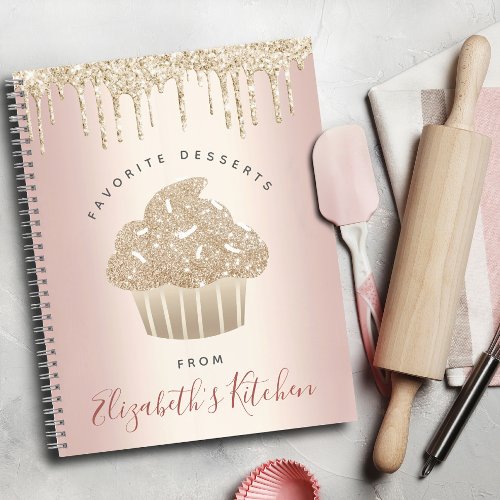 Recipe Cookbook Gold Glitter Cupcake Bakery Pink Notebook