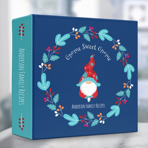 Recipe Cookbook Holiday Gnome Floral Wreath Blue 3 Ring Binder