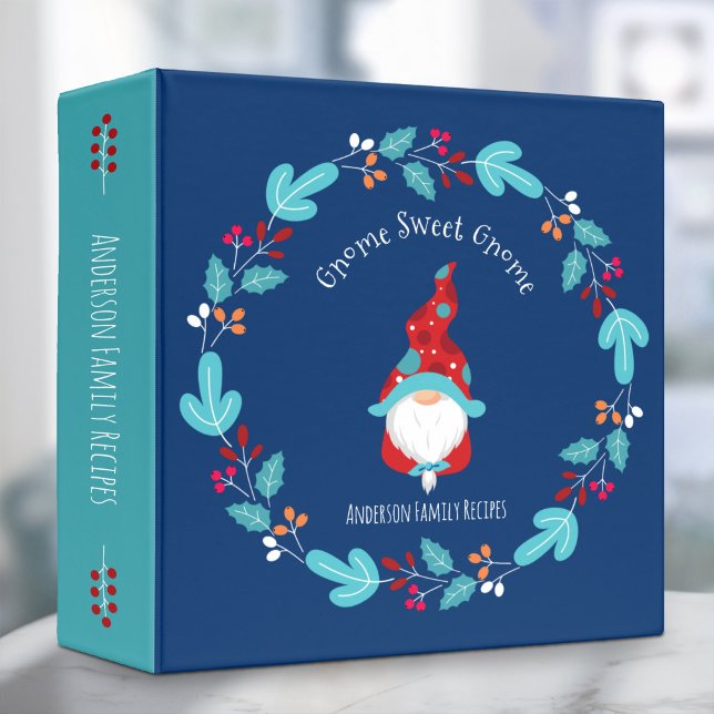 Recipe Cookbook Holiday Gnome Floral Wreath Blue 3 Ring Binder (Choose from 3 color combos! Check out coordinating collection below.)