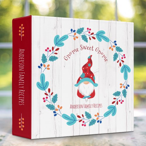 Recipe Cookbook Holiday Gnome Floral Wreath Rustic 3 Ring Binder