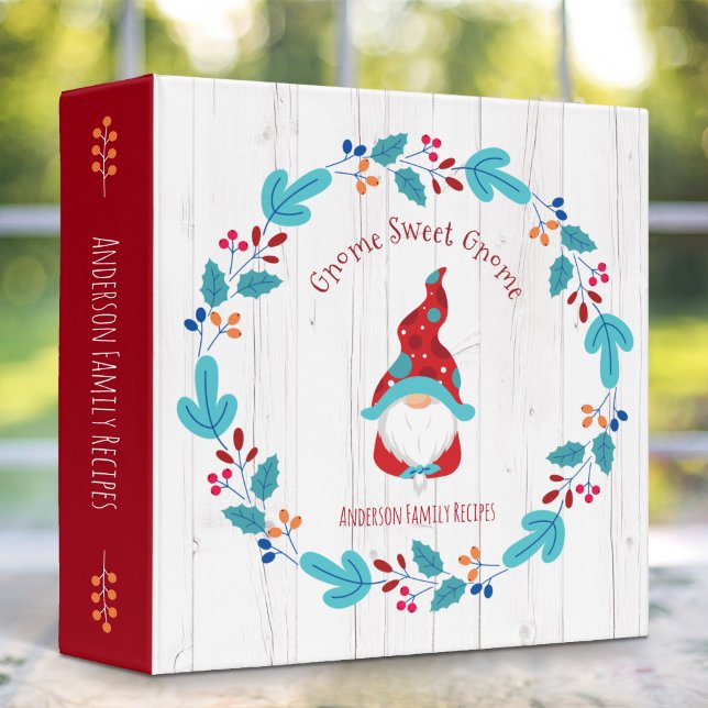 Recipe Cookbook Holiday Gnome Floral Wreath Rustic 3 Ring Binder (Choose from 3 color combos! Check out collection below.)