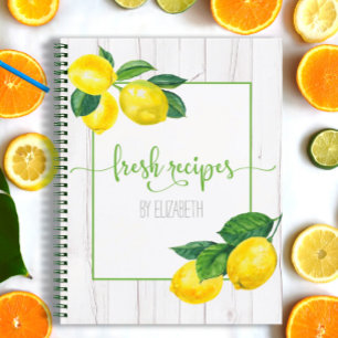 Recipe cookbook lemon watercolor white rustic wood notebook