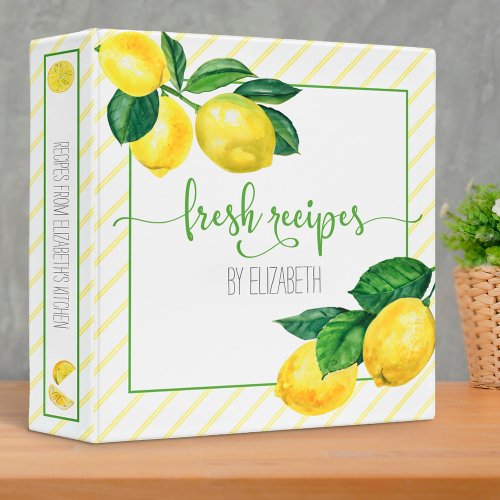 Recipe cookbook modern lemon watercolor stripes 3 ring binder