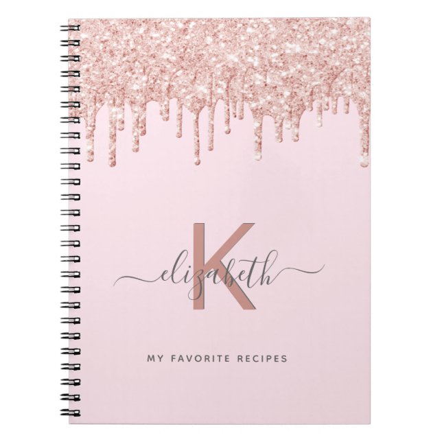 Recipe cookbook monogram glitter rose gold pink notebook (Front)