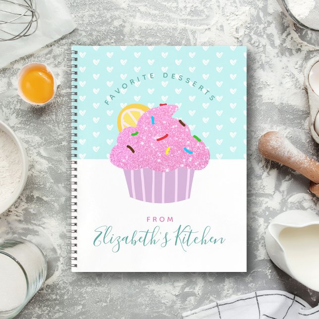 Recipe cookbook pink cupcake sweet heart turquoise notebook (Choose from 3 color combos!)