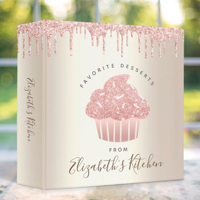 Recipe Cookbook Pink Glitter Cupcake Bakery Gold 3 Ring Binder (Creator Uploaded)
