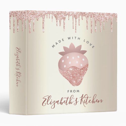 Recipe Cookbook Pink Glitter Drips Strawberry Gold 3 Ring Binder