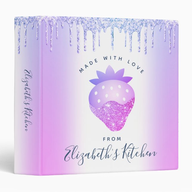 Recipe Cookbook Purple Glitter Drips Strawberry 3 Ring Binder (Front/Spine)