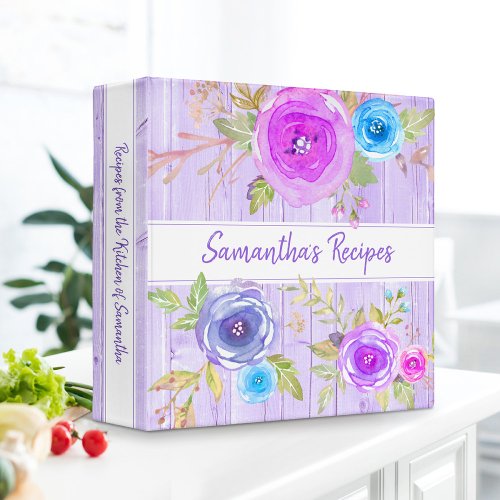 Recipe cookbook purple wood floral watercolor  3 ring binder