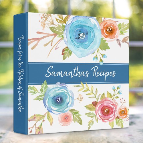 Recipe cookbook red blue orange floral watercolor 3 ring binder