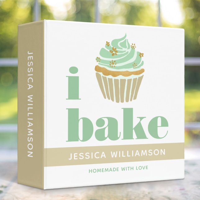 Recipe Cookbook Retro Mint Green Gold Cupcake Bake 3 Ring Binder (Creator Uploaded)