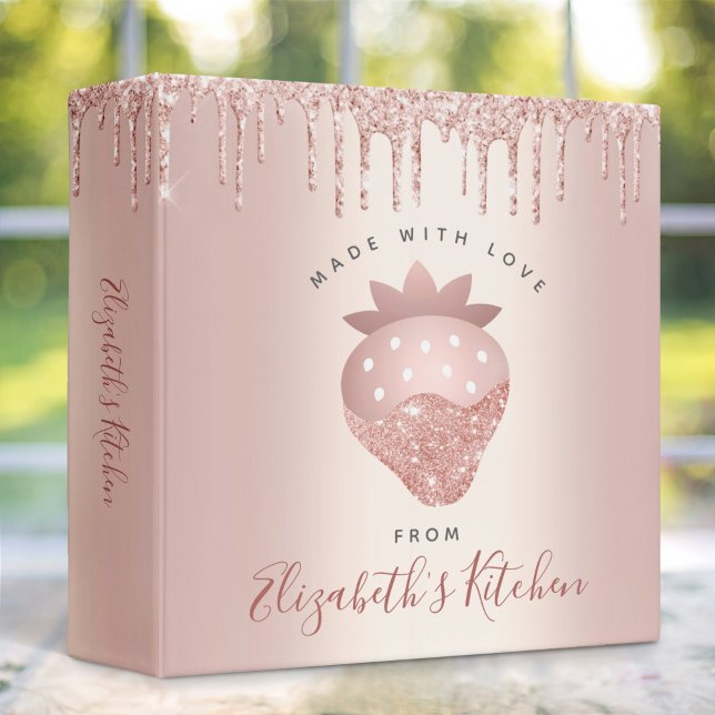 Recipe Cookbook Rose Gold Glitter Drips Strawberry 3 Ring Binder (Creator Uploaded)