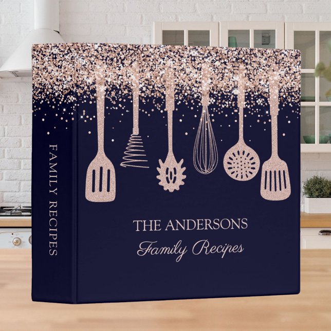 Recipe Cookbook Rose Gold Glitter Kitchen Utensils 3 Ring Binder (In situ)
