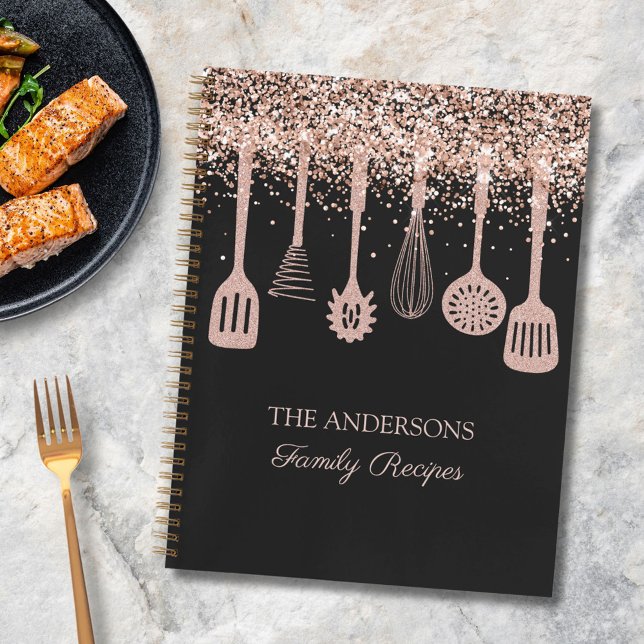Recipe Cookbook Rose Gold Glitter Kitchen Utensils Notebook (In situ)