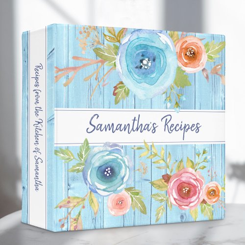 Recipe cookbook rustic floral watercolor blue wood 3 ring binder