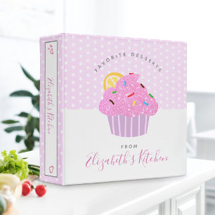 Recipe cookbook sweet modern cupcake, dots on pink 3 ring binder