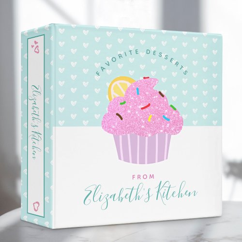 Recipe cookbook sweet modern cupcake hearts aqua 3 ring binder