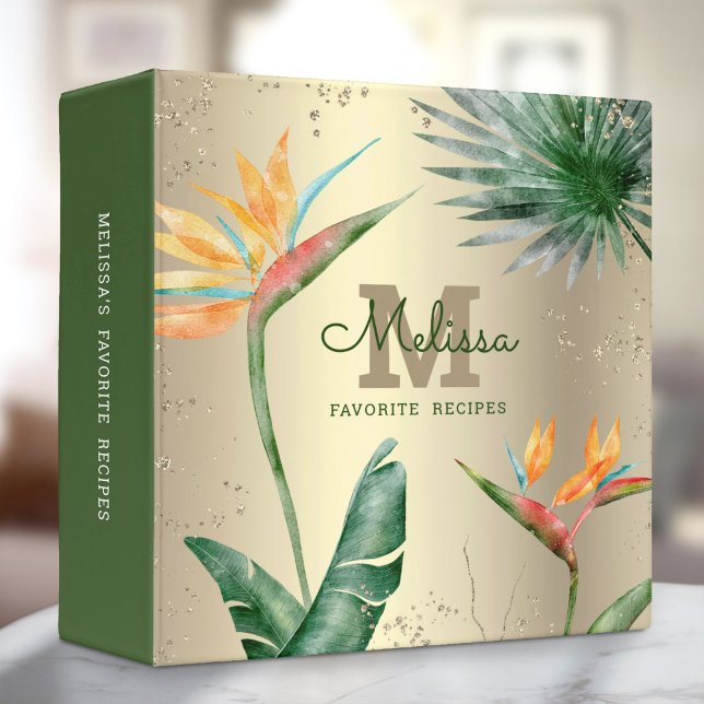 Recipe Cookbook Tropical Leaf Monogram Script Gold 3 Ring Binder (Creator Uploaded)
