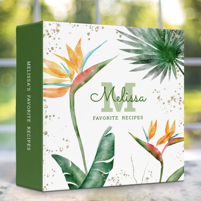 Recipe Cookbook Tropical Palm Monogram Script Gold 3 Ring Binder (Creator Uploaded)