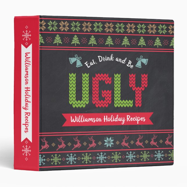 Recipe Cookbook Ugly Christmas Sweater Chalkboard  3 Ring Binder (Front/Spine)
