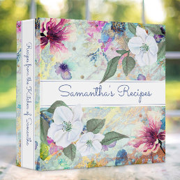 Recipe cookbook, vintage floral aqua watercolor 3 ring binder