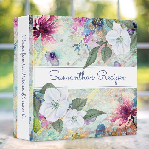 Recipe cookbook vintage floral aqua watercolor 3 ring binder