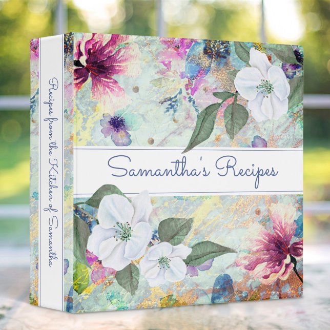 Recipe cookbook, vintage floral aqua watercolor 3 ring binder (Creator Uploaded)